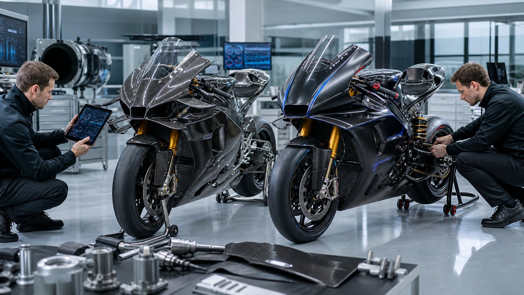 Dua motor balap MotoGP modern diperiksa teknisi di fasilitas rekayasa berteknologi tinggi.