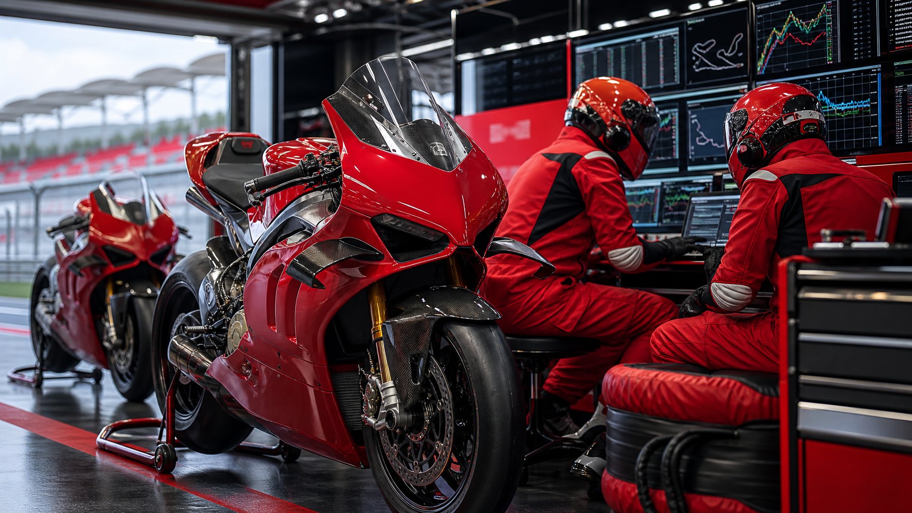 Tim balap Ducati menganalisis data di garasi pit di samping sepeda motor balap merah.
