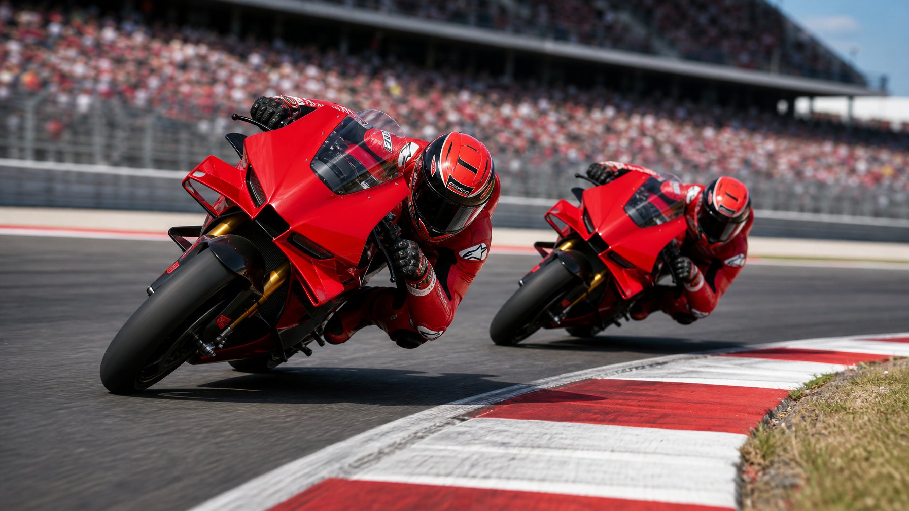 Dua pembalap Ducati melaju di tikungan sirkuit MotoGP dengan latar tribun penonton yang buram.