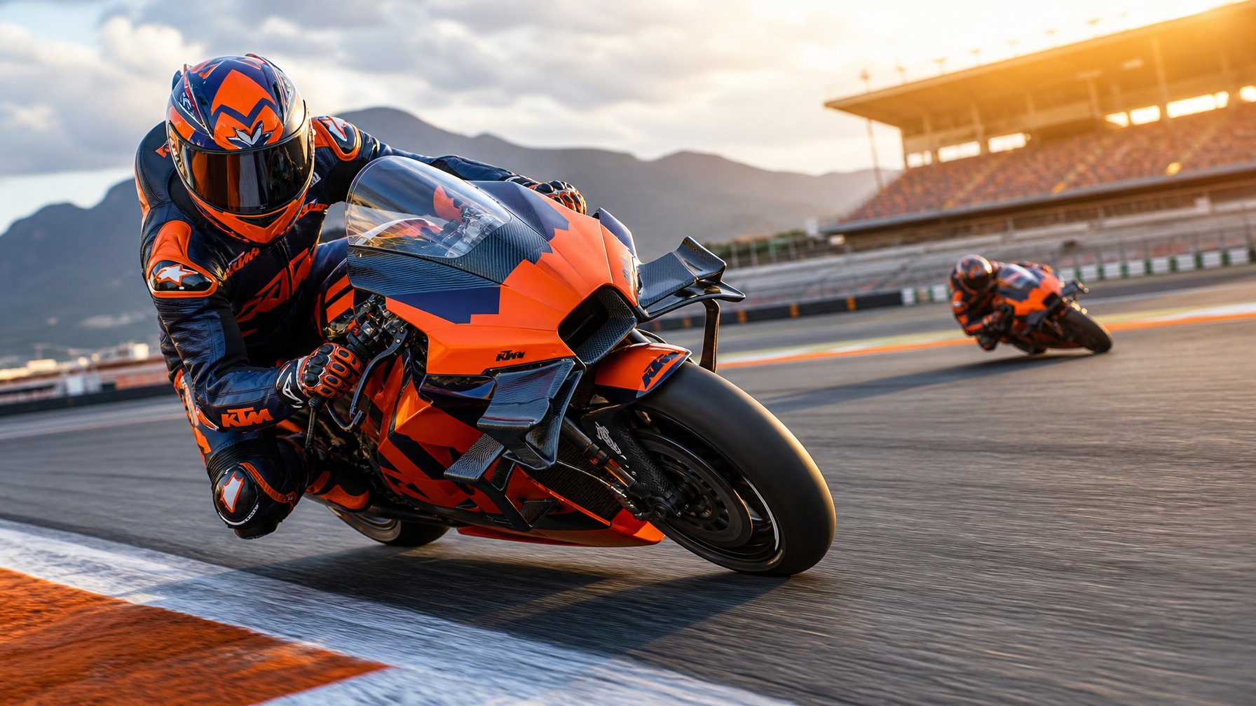 Pembalap MotoGP dengan motor balap oranye dan biru melaju cepat di tikungan sirkuit.