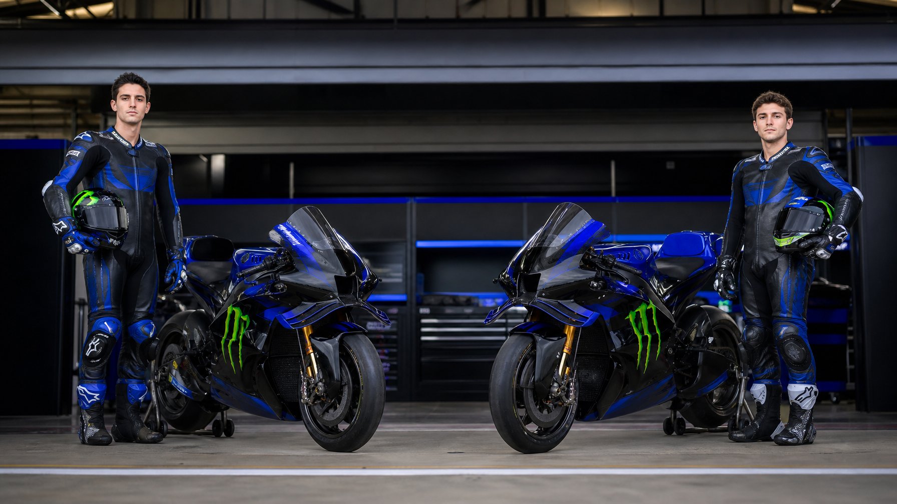 Dua pembalap berdiri di samping dua motor balap dalam garasi tim MotoGP.