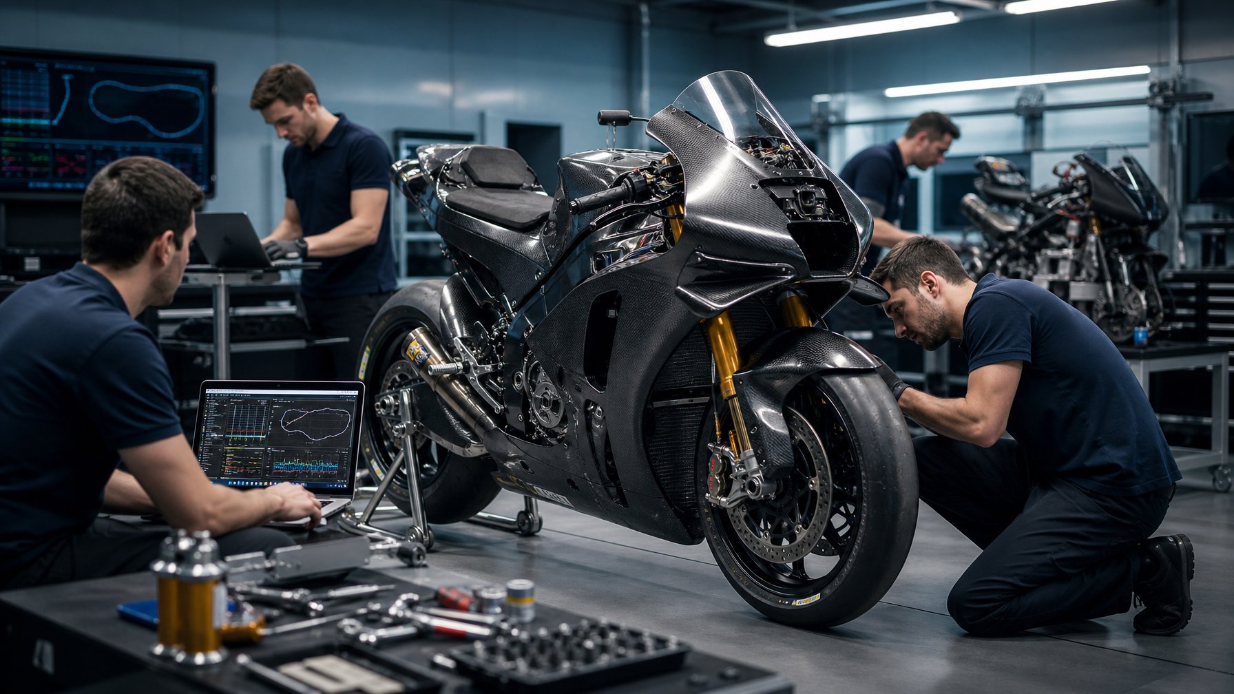 Insinyur dan mekanik memeriksa sepeda motor balap MotoGP di garasi teknis.