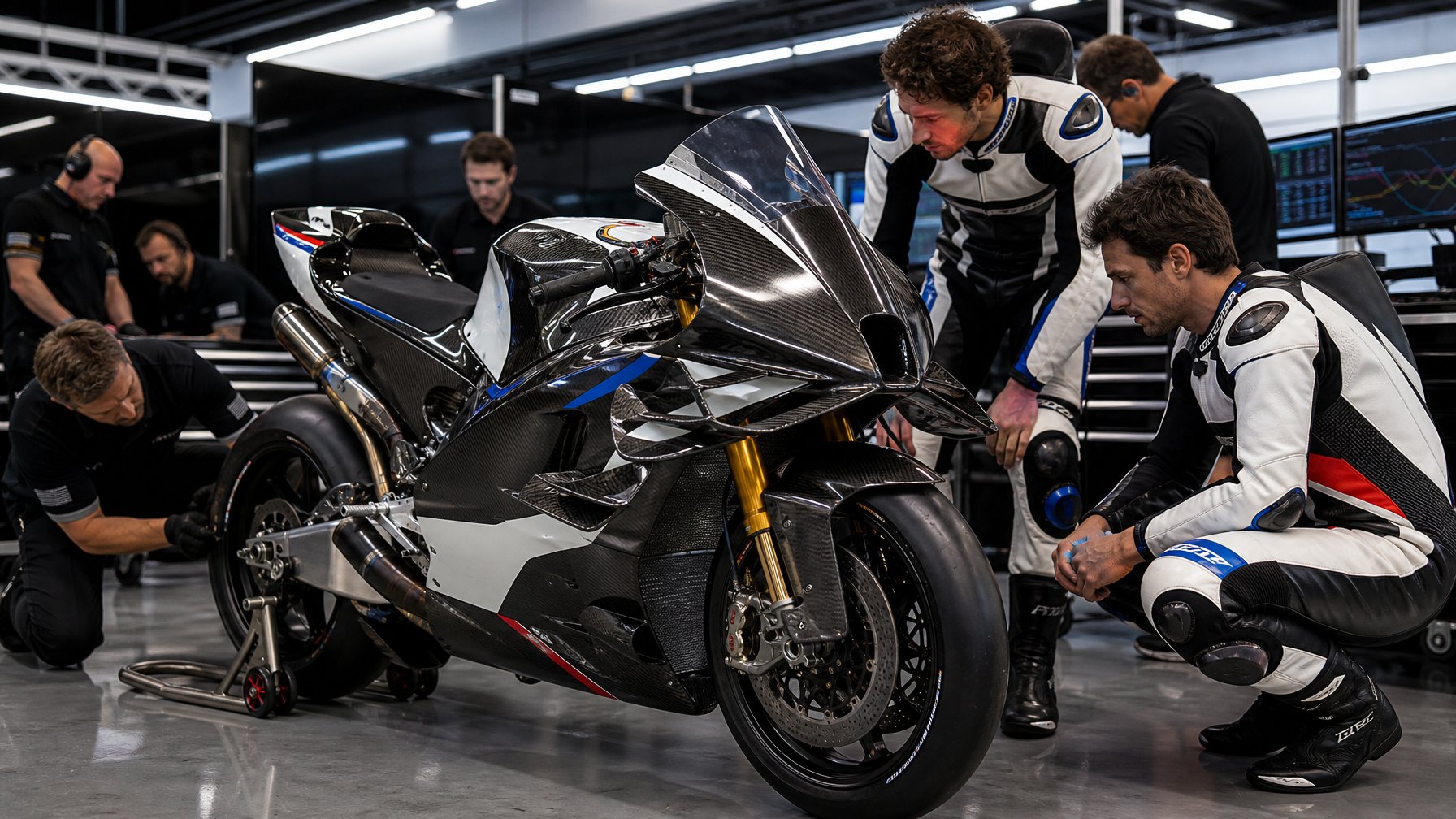Tim balap motor mempersiapkan prototipe Aprilia di dalam garasi balap modern.