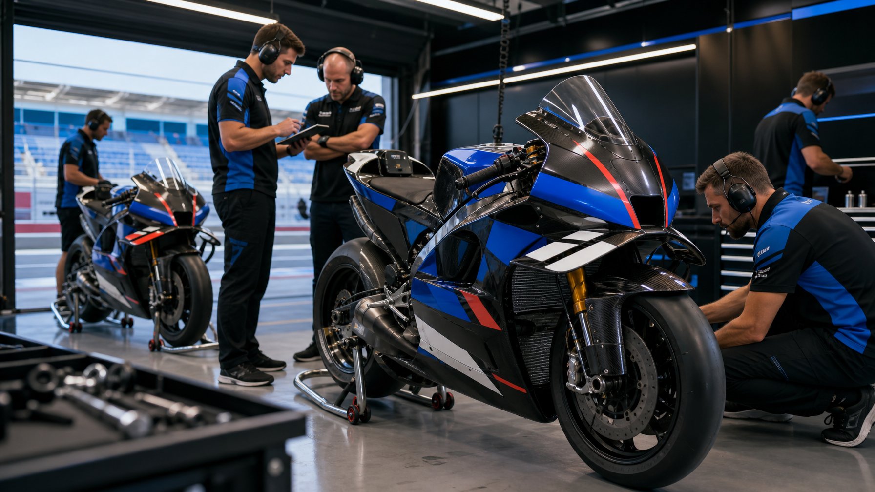 Tim balap mempersiapkan dua sepeda motor MotoGP di dalam garasi sirkuit.