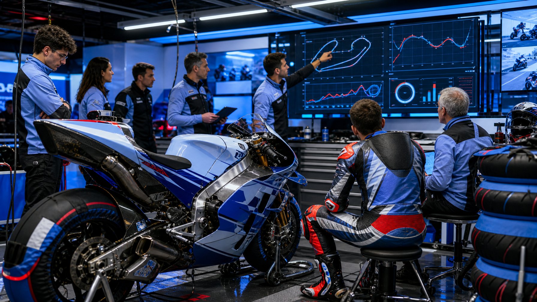 Tim balap motor sedang membahas strategi di dalam garasi balap dengan sebuah motor MotoGP.