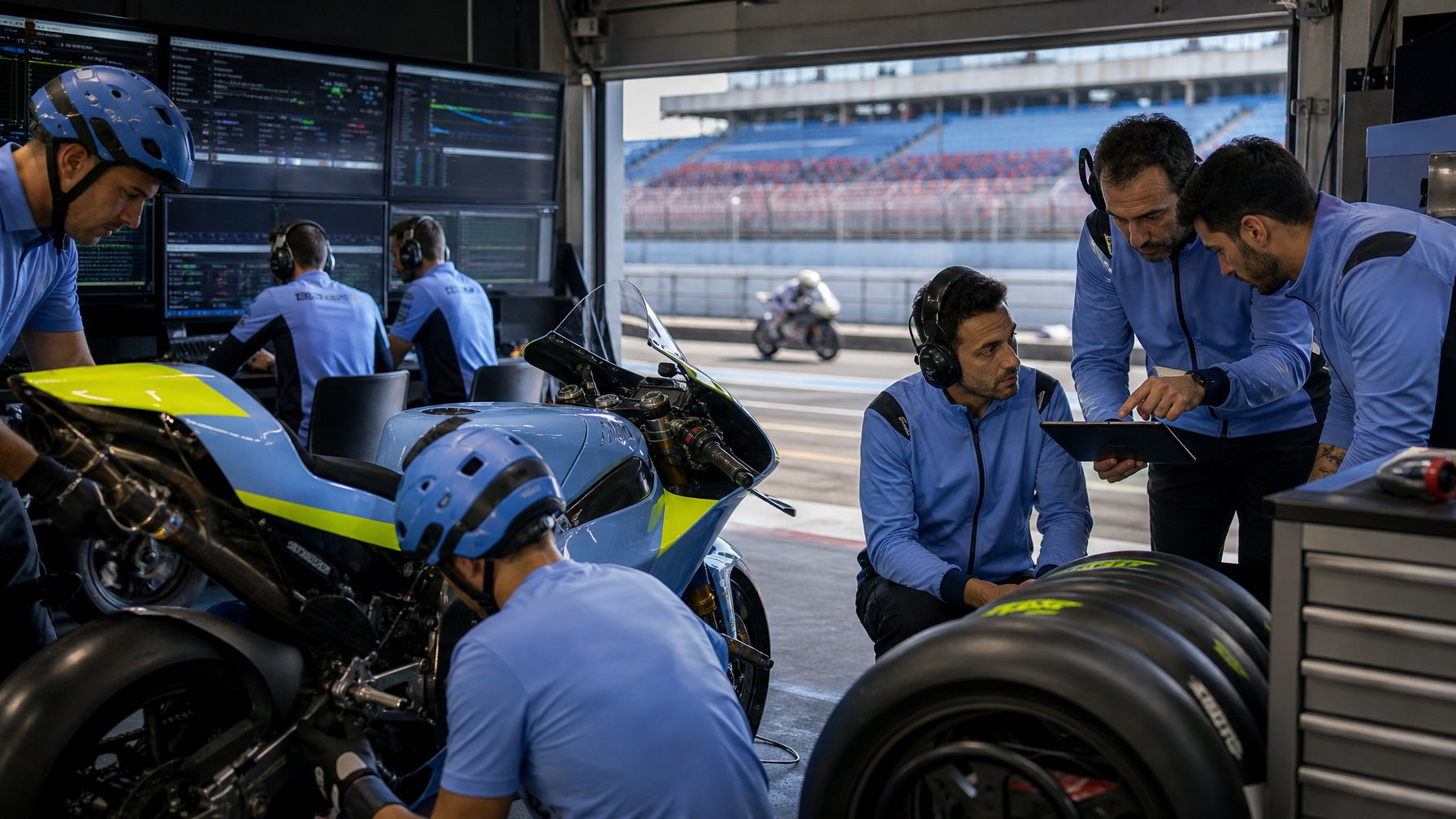 Tim balap menyiapkan motor MotoGP di garasi sirkuit sambil menganalisis data dan strategi.