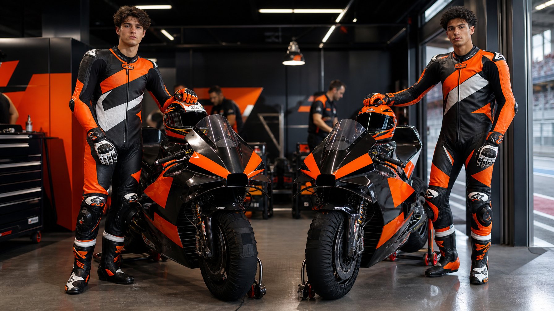 Dua pembalap fiktif berdiri bersama dua motor balap KTM Tech3 di dalam garasi sirkuit.
