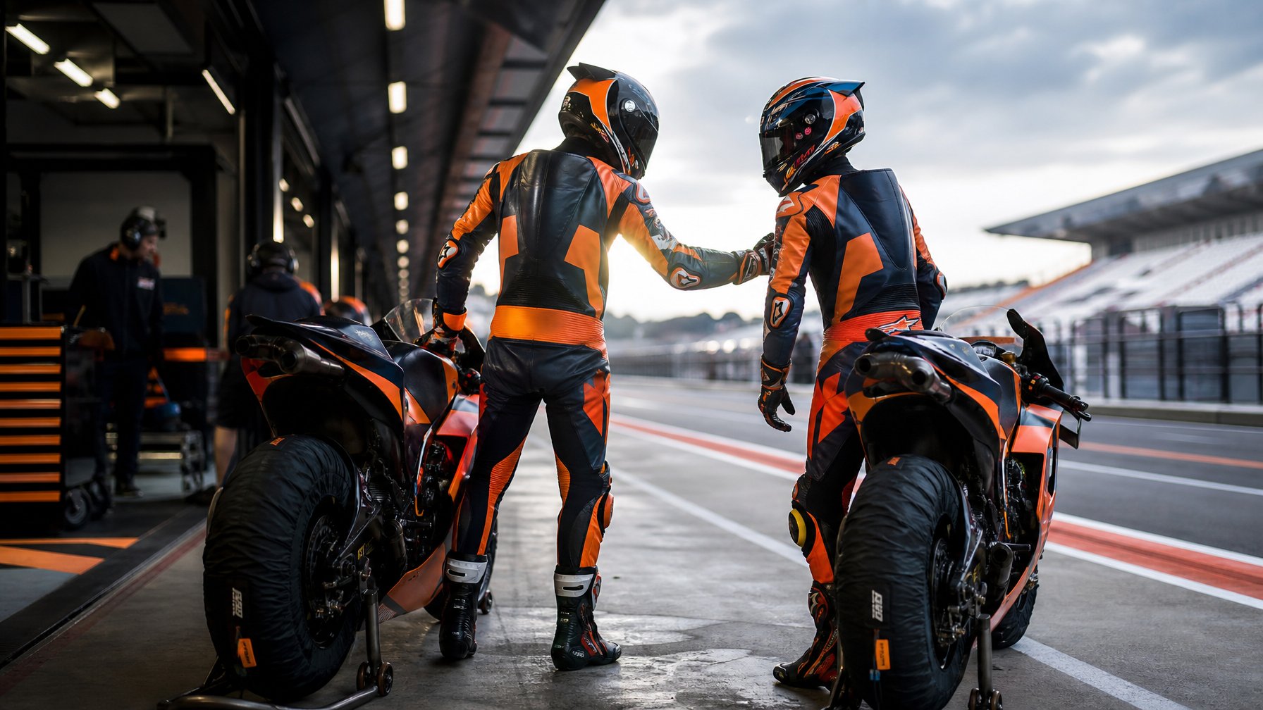Dua pembalap motor berdiri di samping prototipe MotoGP di area pit.