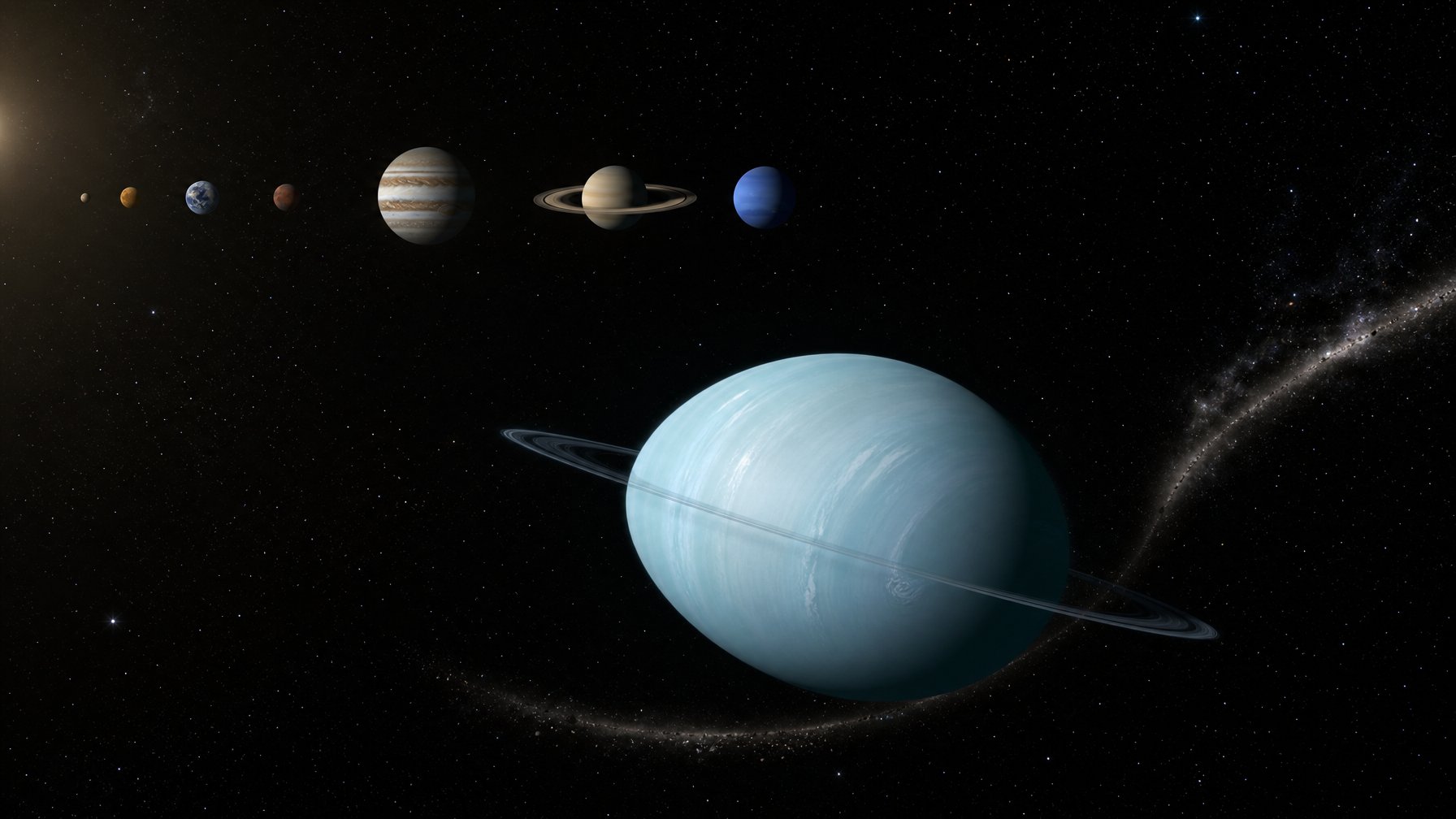 Planet Uranus tampak berputar hampir menyamping di ruang angkasa, dengan cincin tipis dan latar bintang.