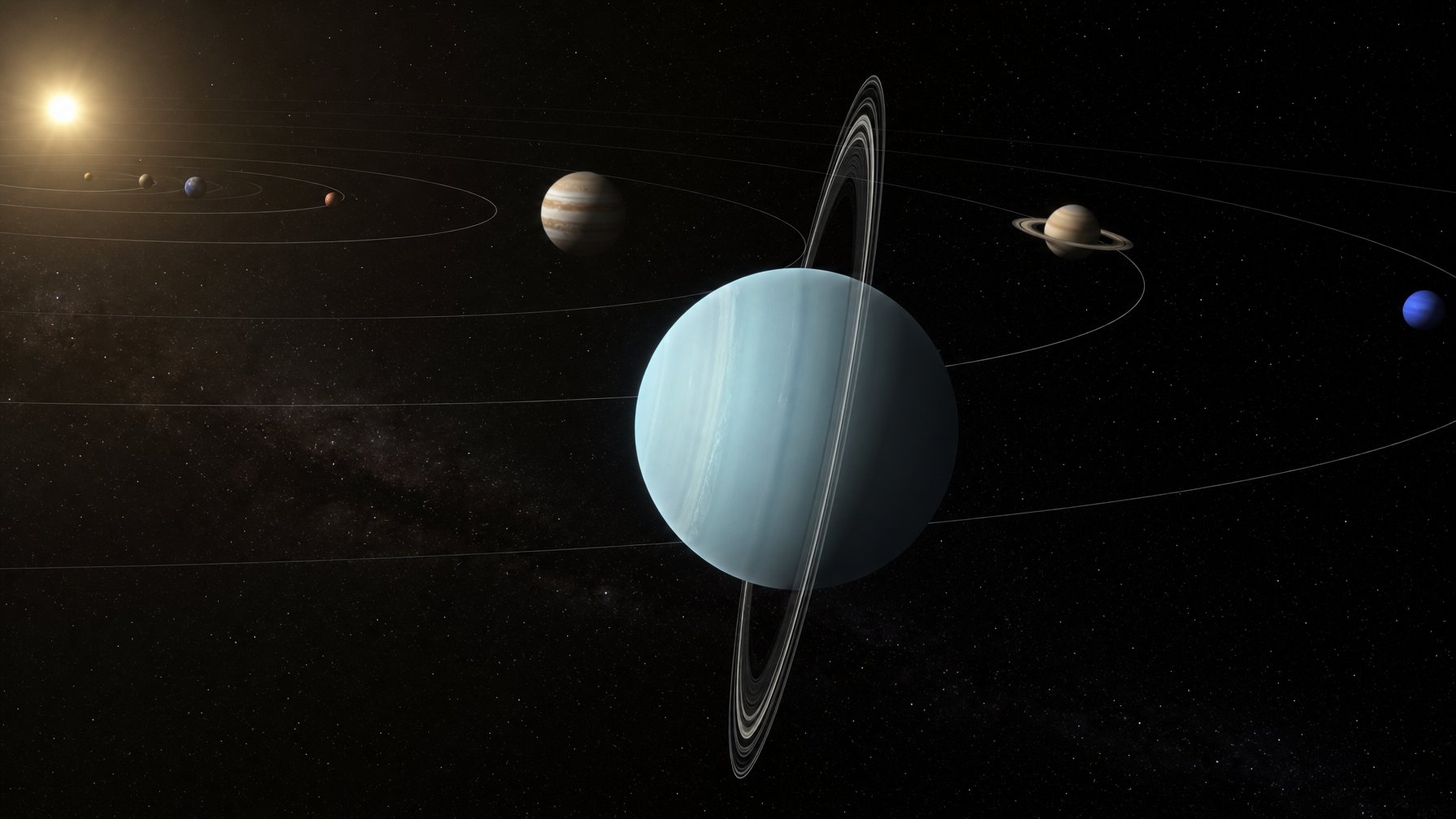 Ilustrasi ilmiah planet Uranus yang berputar hampir menyamping dengan cincin tipis dan latar luar angkasa.