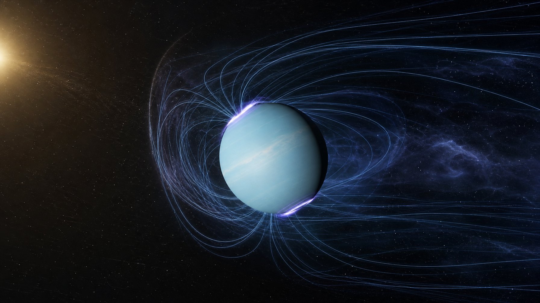 Planet Uranus berwarna biru pucat dengan medan magnet miring dan tidak simetris yang membentuk ekor panjang di angkasa.
