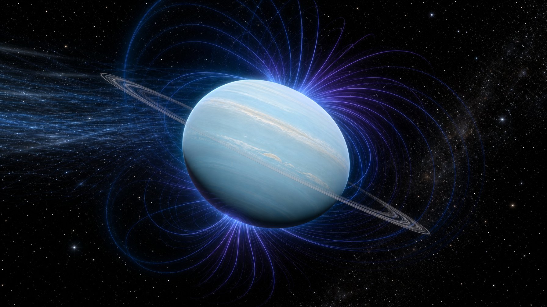 Planet Uranus miring tajam dengan garis medan magnet asimetris yang bergeser dari pusatnya.