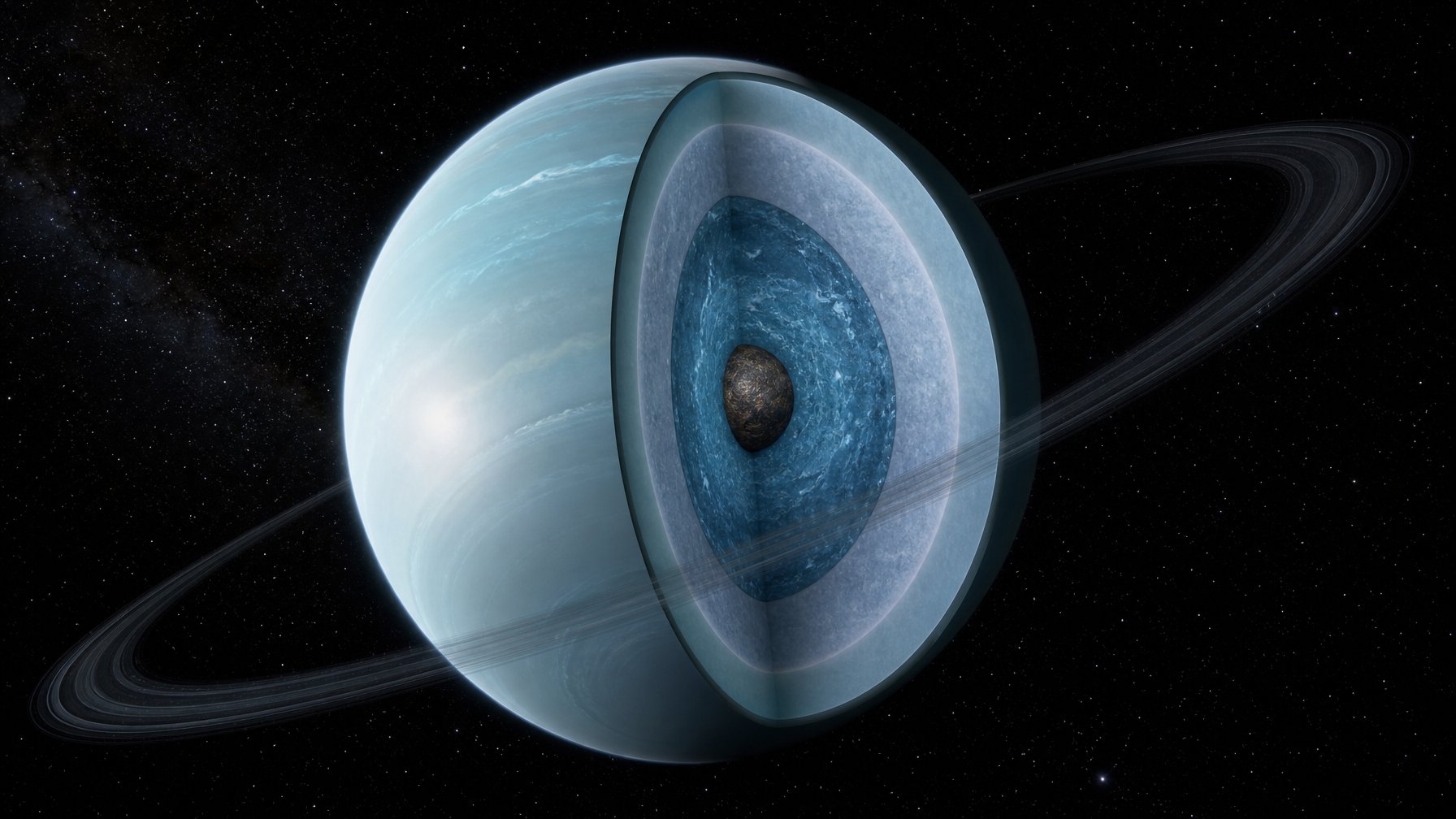 Planet Uranus tampak miring dengan penampang yang memperlihatkan atmosfer tipis dan lapisan dalam kaya air, amonia, serta metana.