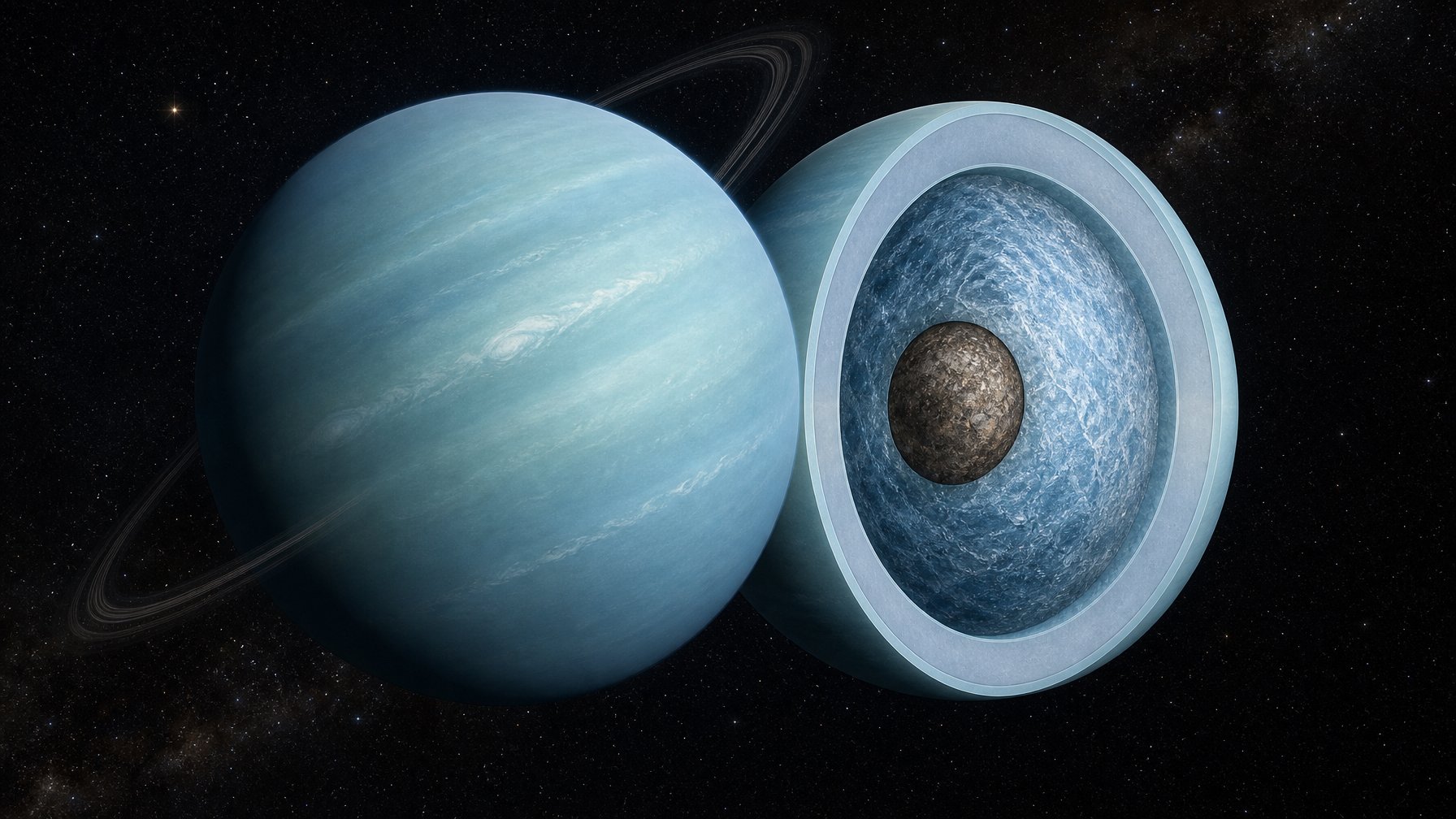 Ilustrasi planet Uranus dengan potongan lapisan atmosfer, mantel es, dan inti batuan di ruang angkasa.