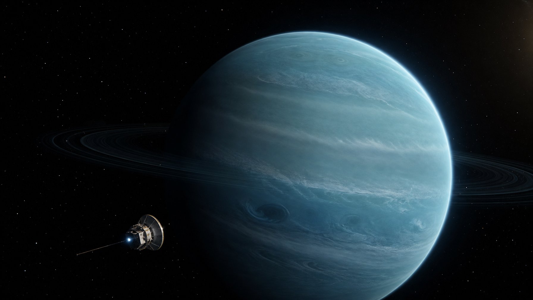 Planet Uranus berwarna biru kehijauan dengan kabut atmosfer dingin dan wahana penelitian kecil di ruang angkasa.