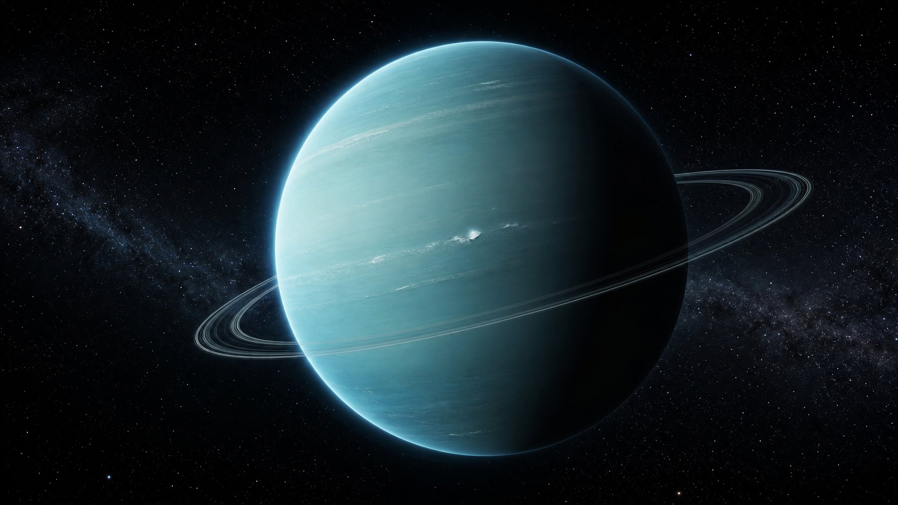 Planet Uranus berwarna biru kehijauan dengan atmosfer berlapis dan cincin tipis di tengah ruang angkasa gelap.