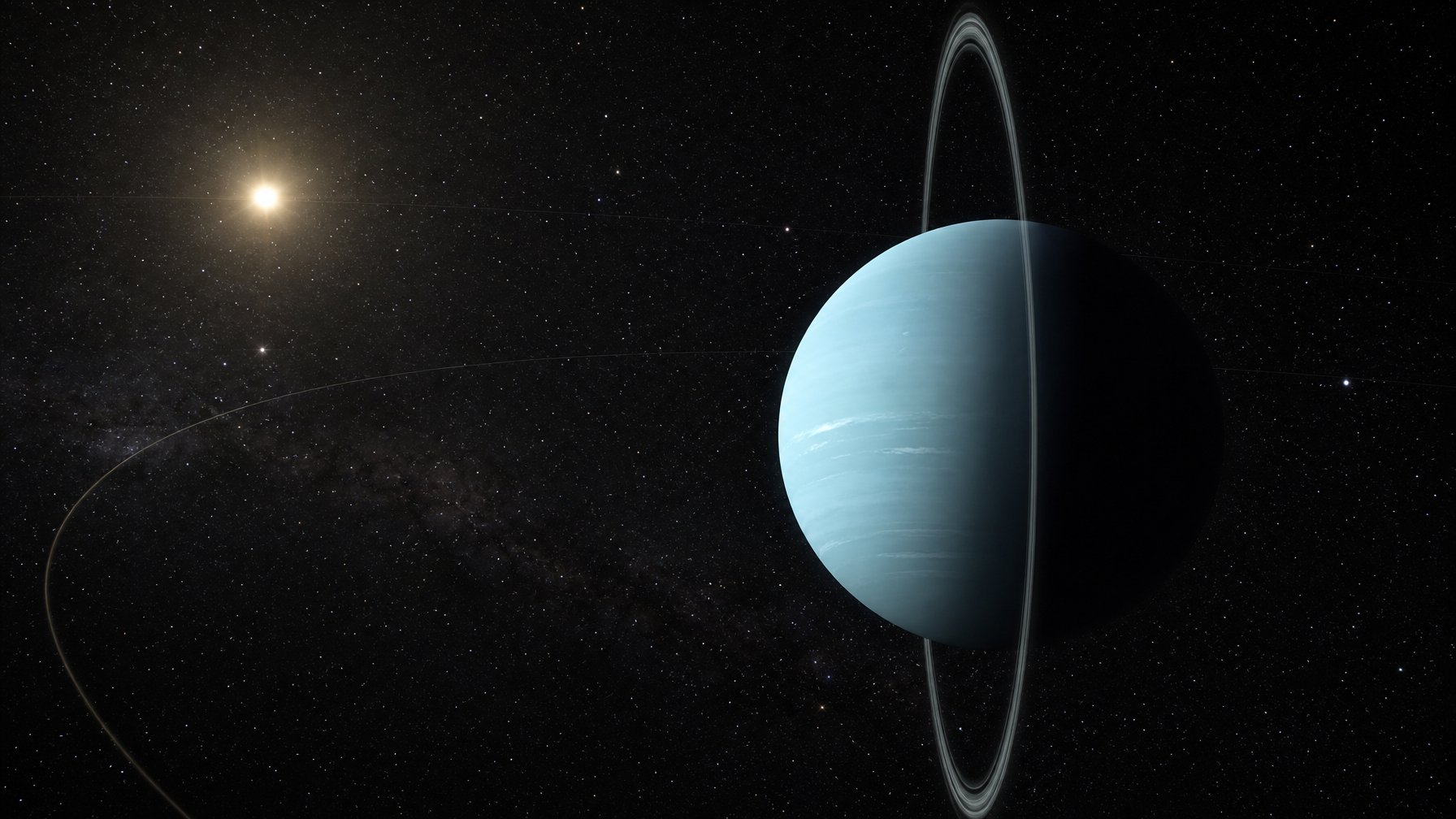 Planet Uranus yang miring dengan cincin tipis mengorbit Matahari di latar ruang angkasa.