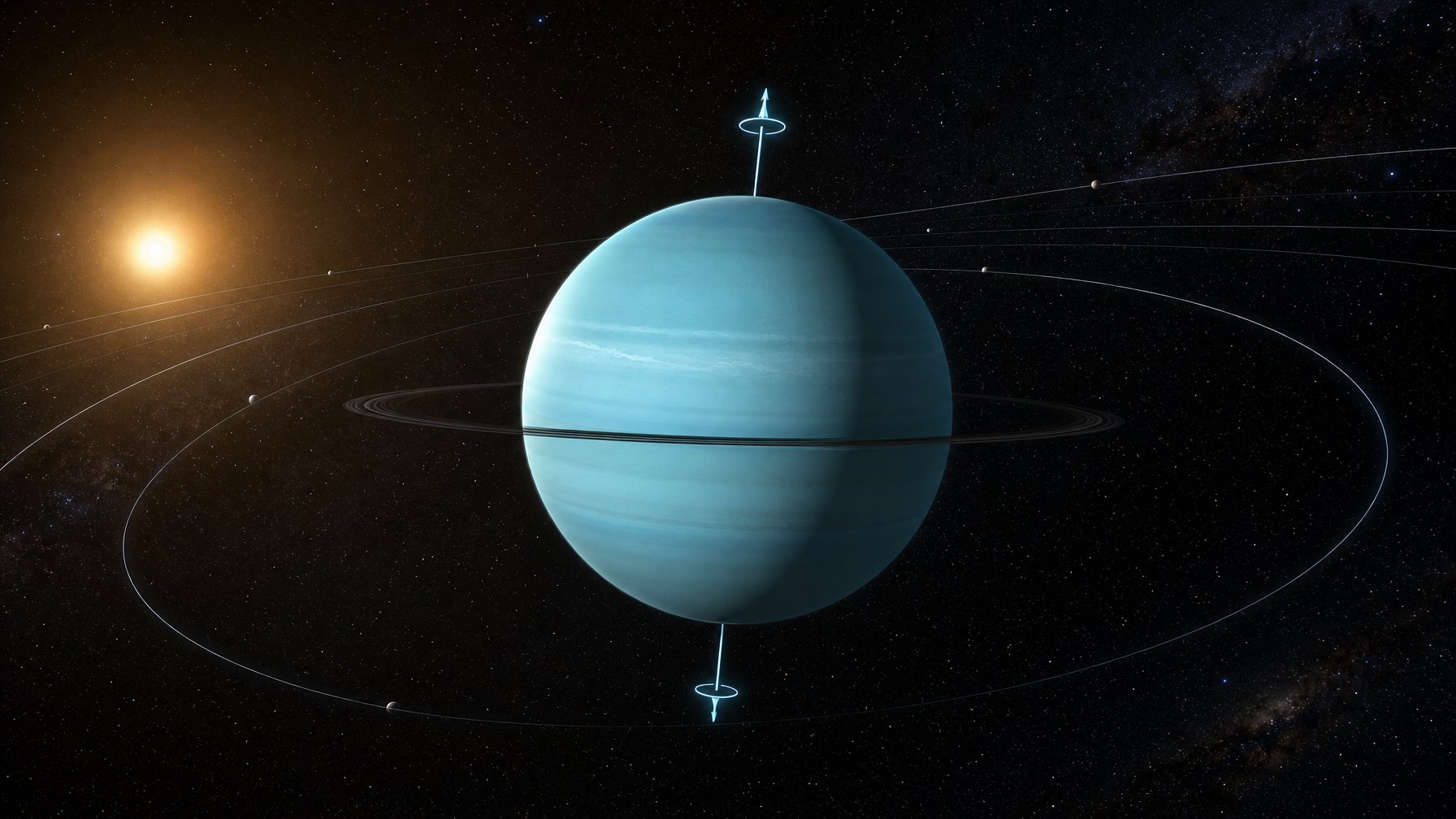 Ilustrasi planet Uranus yang miring tajam pada sisinya saat mengorbit Matahari di ruang angkasa.