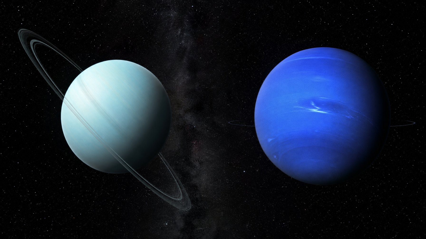Dua planet biru, Uranus dan Neptunus, terlihat berdampingan di ruang angkasa dengan warna dan kemiringan sumbu yang berbeda.