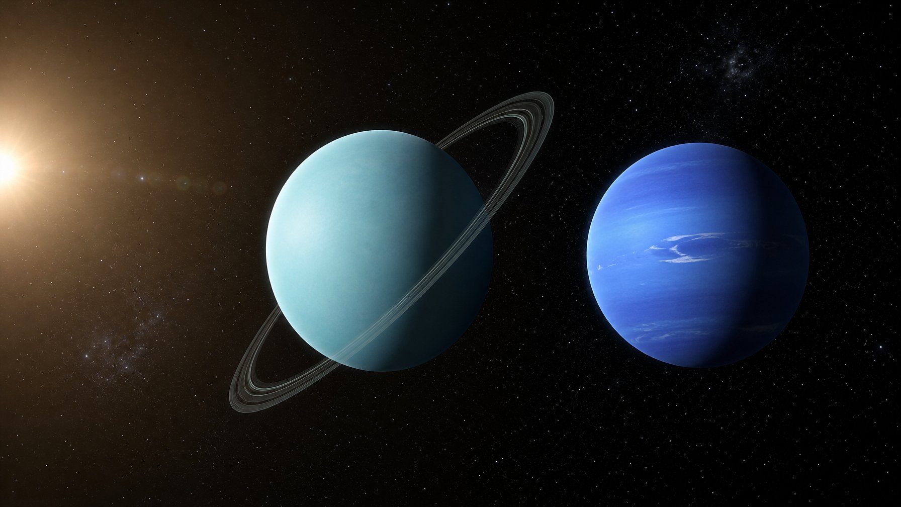 Planet Uranus dan Neptunus terlihat di ruang angkasa, dengan Uranus lebih dekat ke Matahari dan Neptunus lebih jauh.