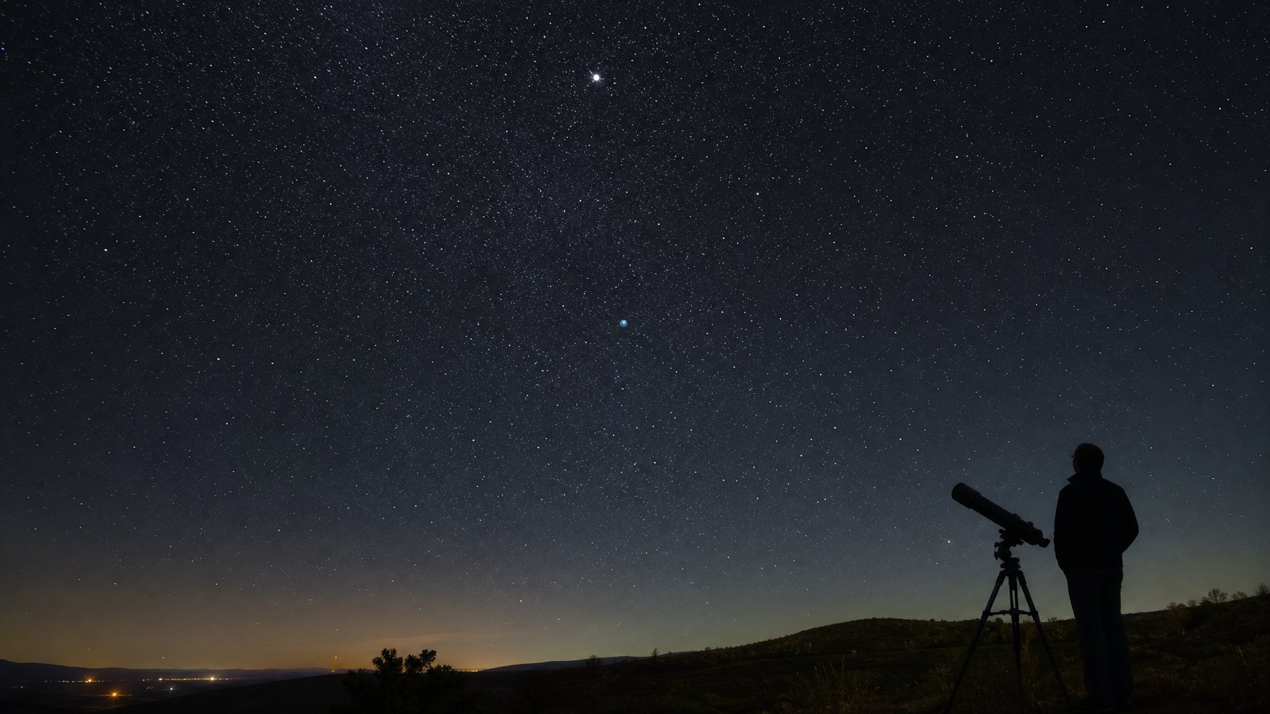 Siluet pengamat berdiri di bawah langit malam gelap dengan Uranus tampak sebagai titik biru kehijauan yang sangat redup di antara bintang-bintang.