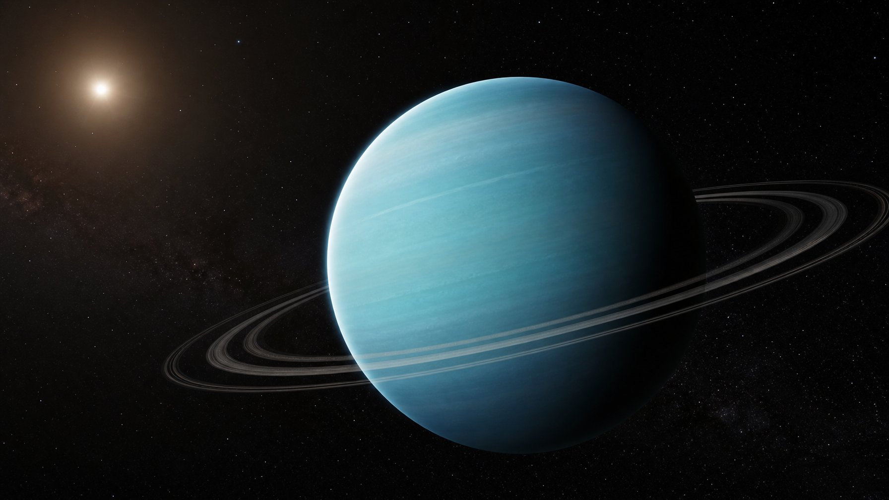 Planet Uranus tampak biru kehijauan dengan cincin tipis di tengah latar luar angkasa berbintang.