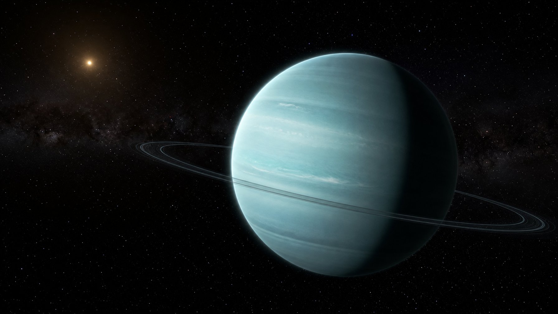 Planet Uranus berwarna biru kehijauan dengan cincin tipis terlihat di ruang angkasa.