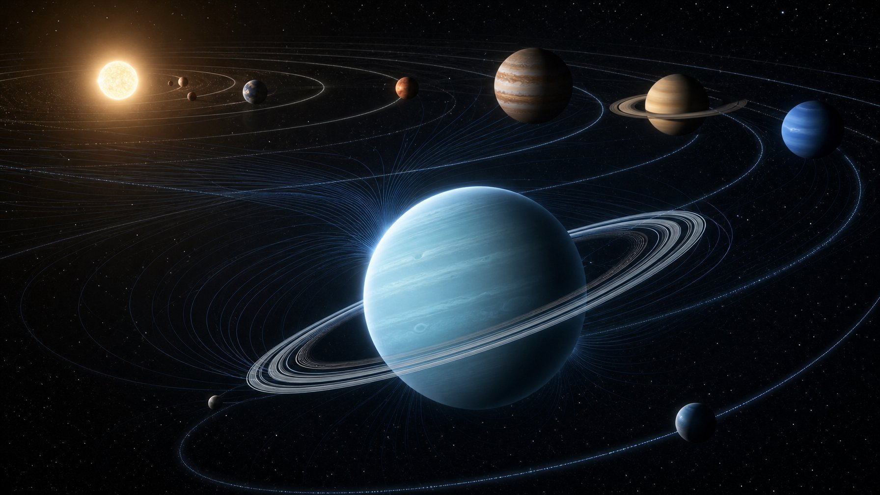 Planet Uranus terlihat di ruang angkasa bersama beberapa planet dan garis orbit yang menggambarkan keseimbangan gravitasi Tata Surya.