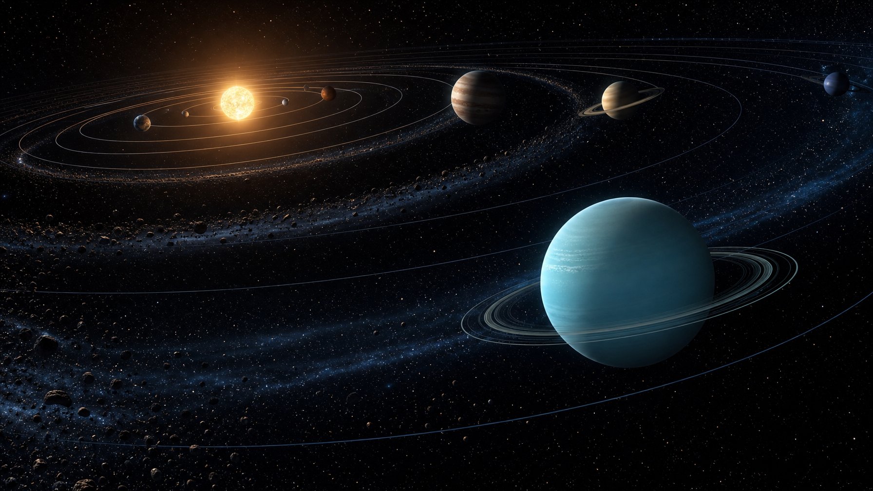 Planet Uranus terlihat di antara lintasan orbit planet-planet Tata Surya dalam suasana ruang angkasa.