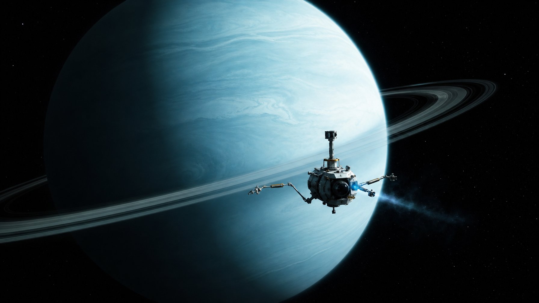 Planet Uranus dengan cincin tipis dan wahana robotik futuristik yang mendekati atmosfernya di ruang angkasa.