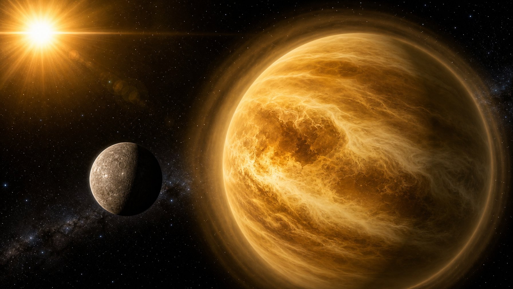 Planet Venus yang bercahaya dengan atmosfer tebal tampak di samping Merkurius yang berbatu dan penuh kawah, dengan Matahari di latar belakang.