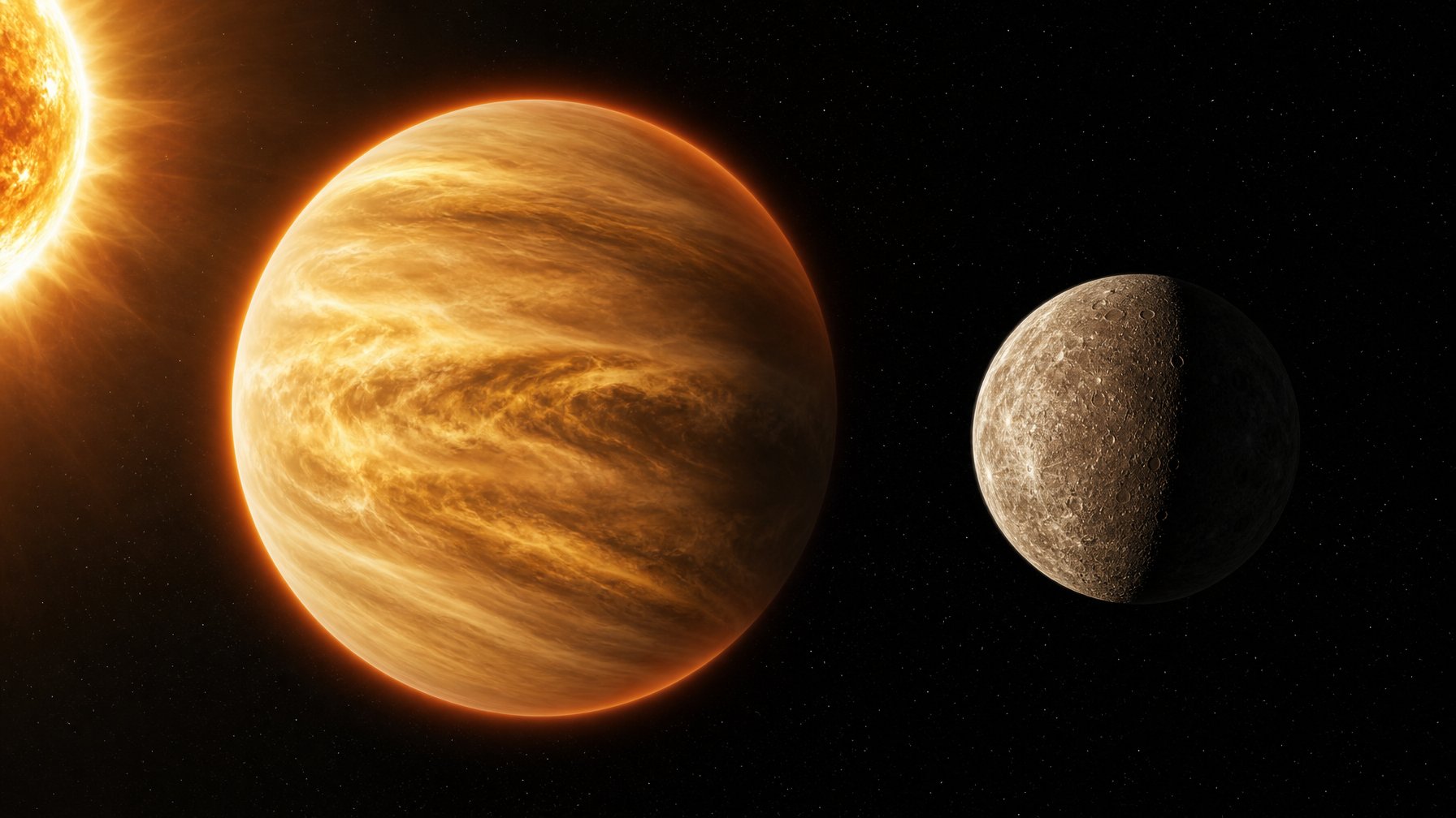 Perbandingan visual Venus yang tertutup awan tebal dan Merkurius yang berbatu serta penuh kawah di dekat Matahari.