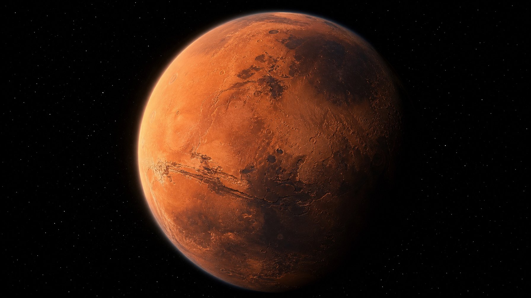 Planet Mars tampak sebagai bola merah bertekstur di tengah ruang angkasa gelap.