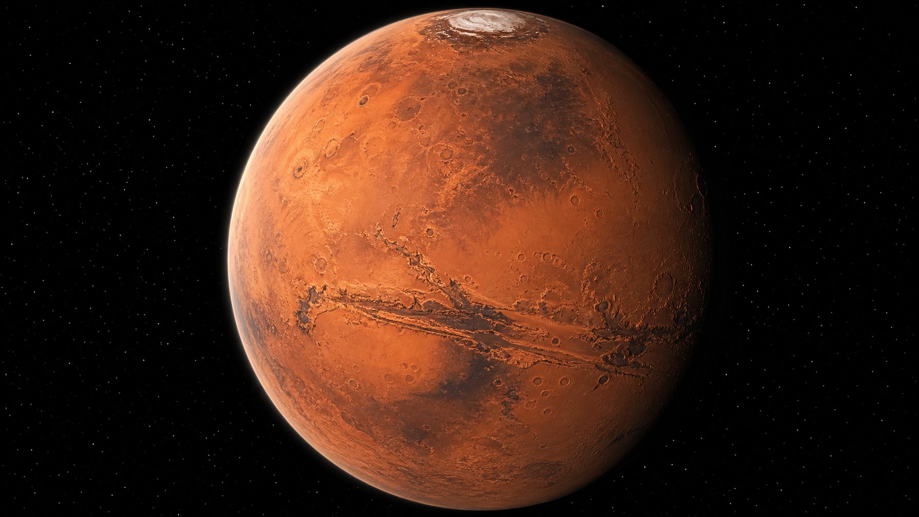 Planet Mars tampak sebagai bola merah-oranye dengan permukaan berdebu, kawah, lembah, dan tudung es kutub di tengah ruang angkasa.