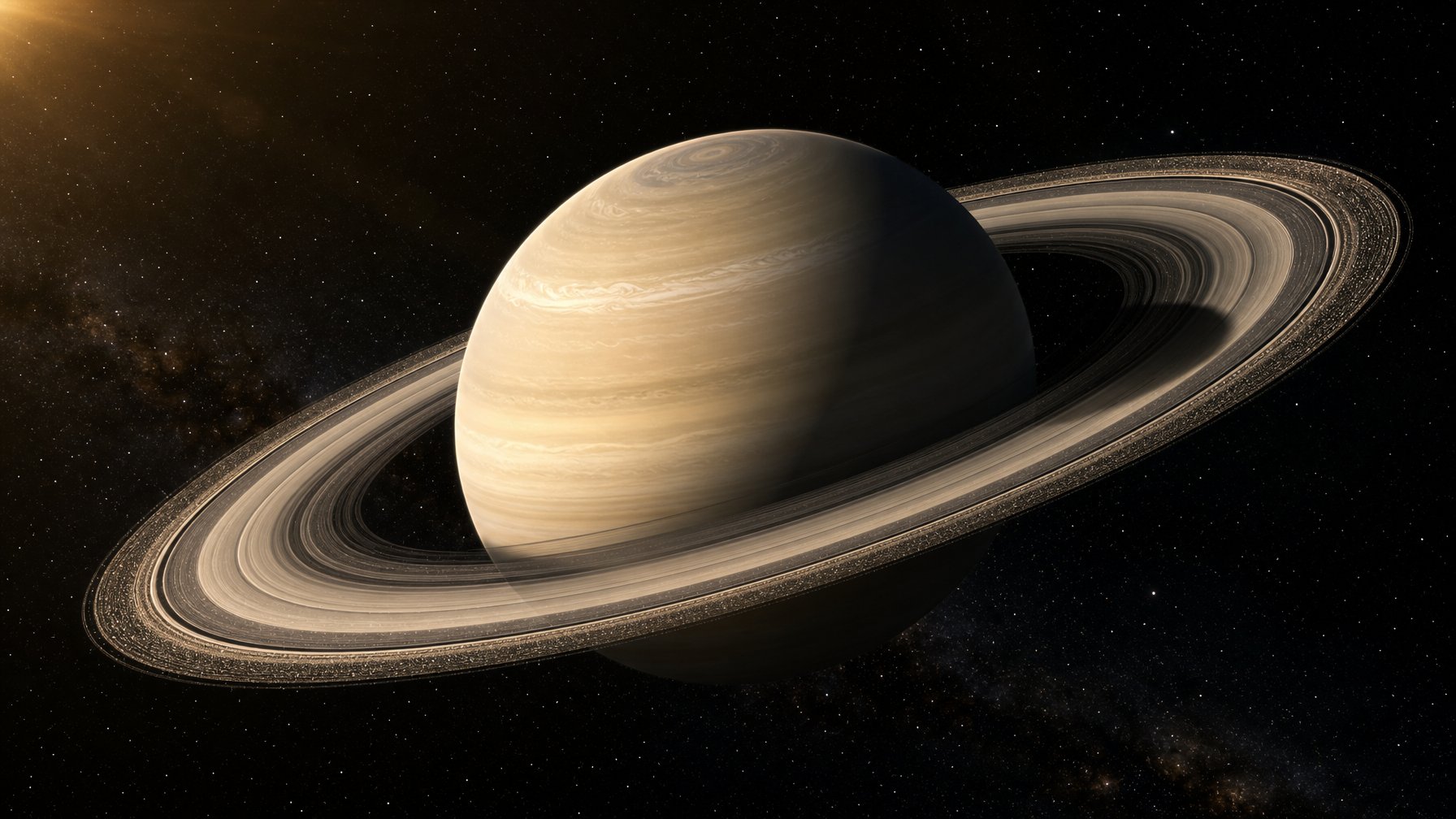 Planet Saturn berwarna keemasan dengan cincin es dan batu yang terlihat jelas di angkasa.
