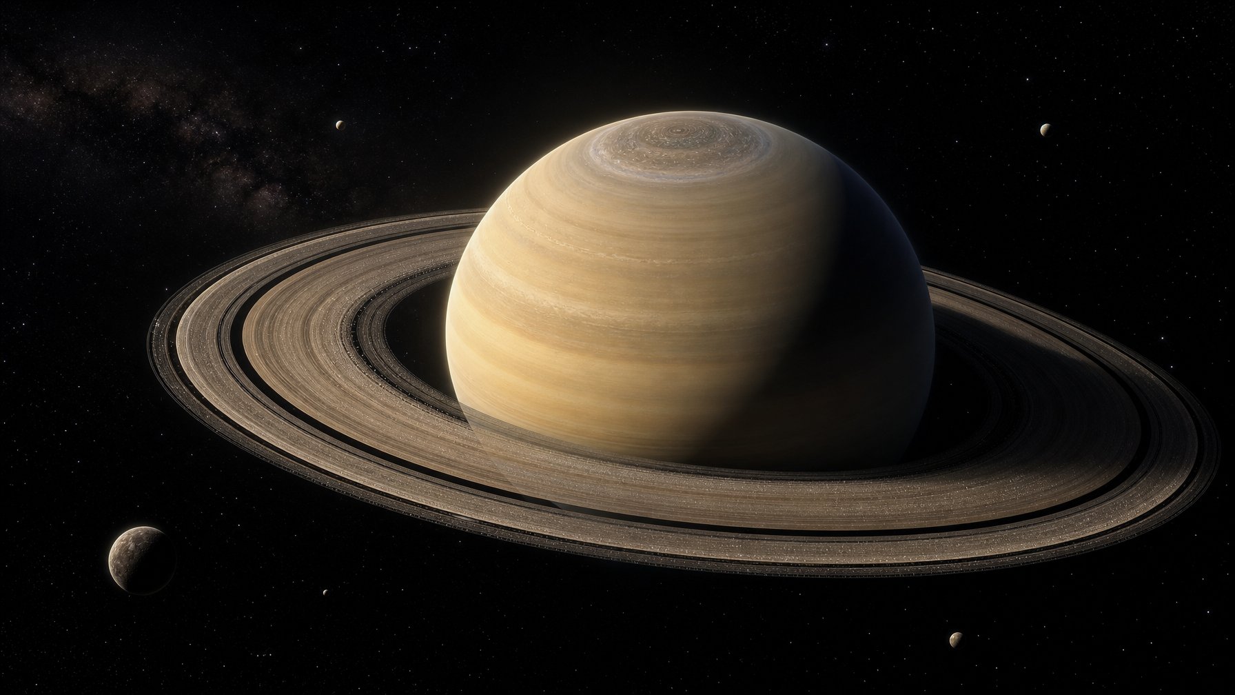 Planet Saturn berwarna keemasan dengan sistem cincin lebar yang terdiri dari banyak lapisan partikel es dan batu di ruang angkasa.