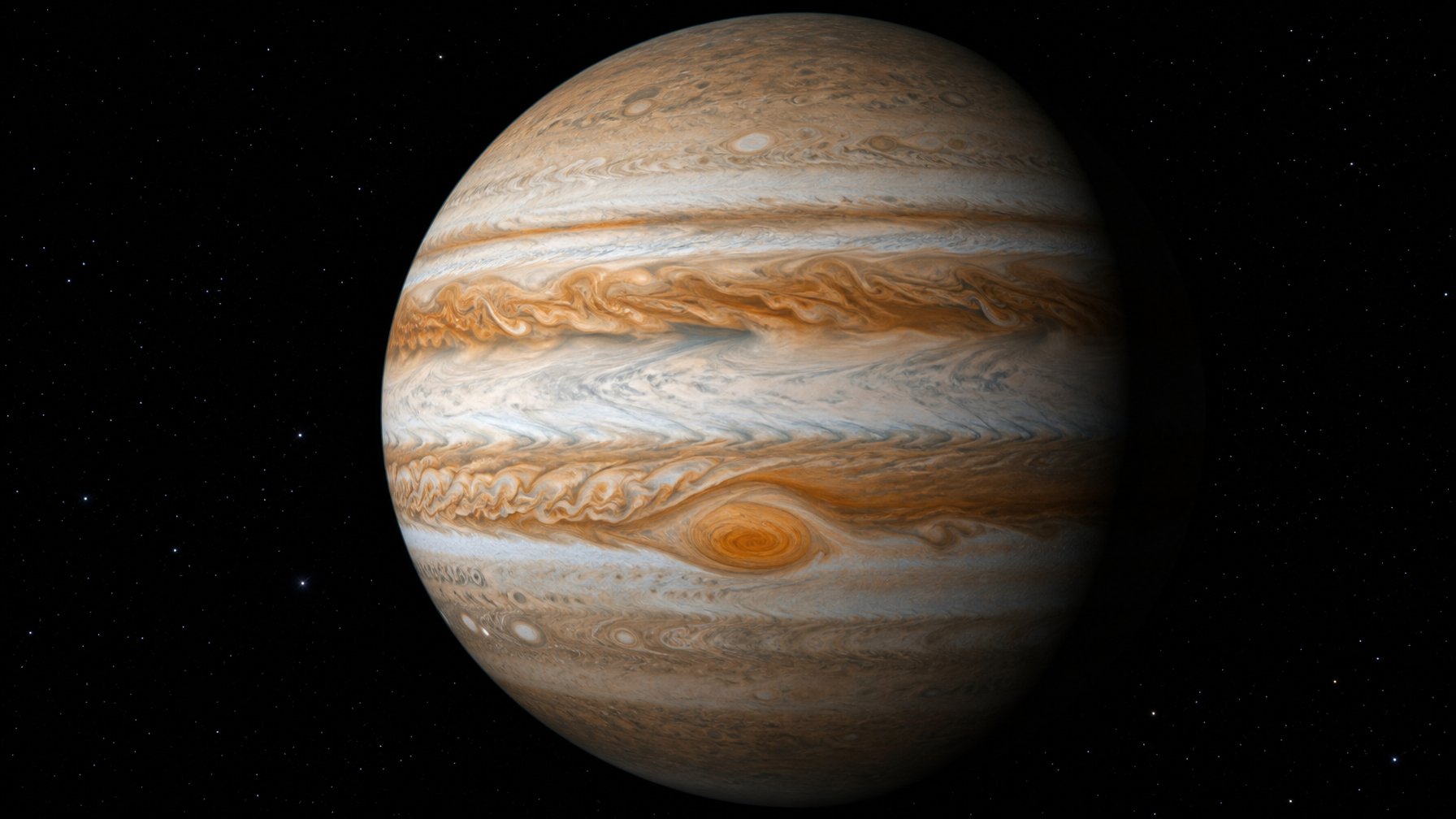 Planet Jupiter terlihat dengan pita awan berwarna krem dan cokelat serta Bintik Merah Besar di tengah angkasa gelap.
