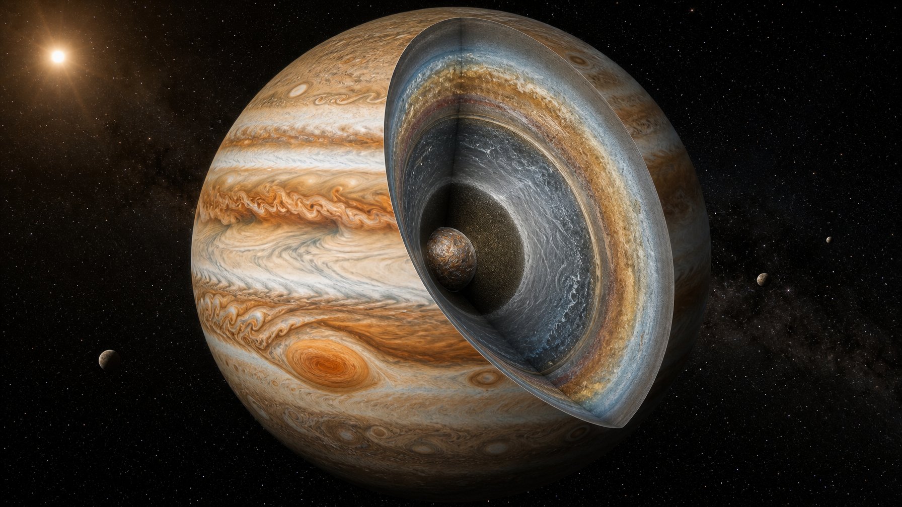 Ilustrasi Jupiter dengan pita awan berwarna-warni, Bintik Merah Besar, dan potongan penampang yang memperlihatkan lapisan interiornya.