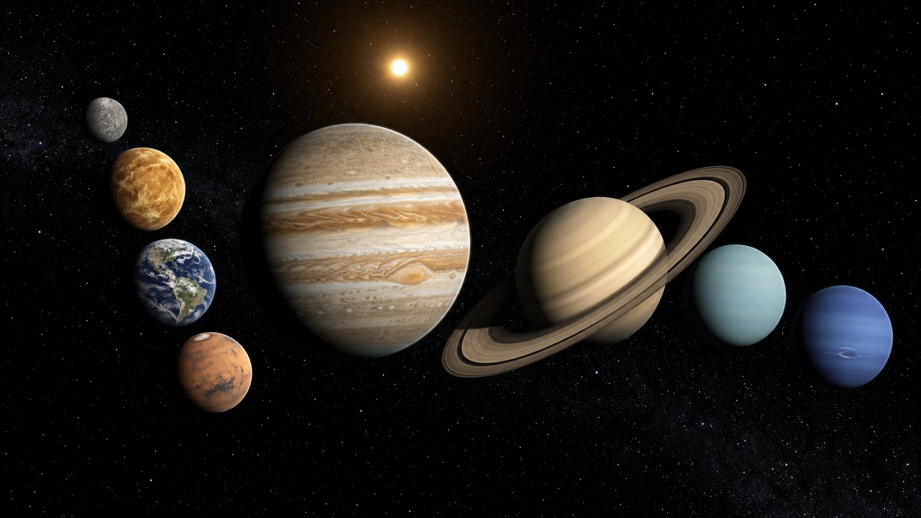 Ilustrasi tata surya yang membandingkan empat planet terestrial berbatu dengan empat planet Jovian yang jauh lebih besar.