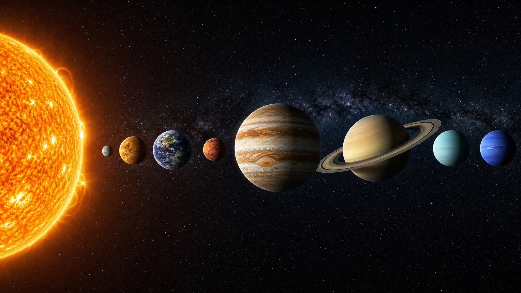 Matahari dan delapan planet tata surya tersusun berurutan berdasarkan jaraknya dari Matahari.