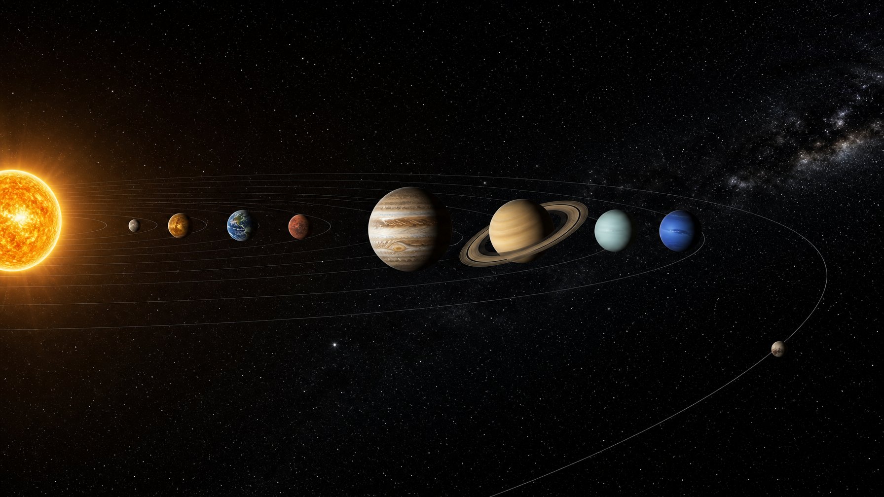 Ilustrasi tata surya yang menampilkan delapan planet dan Pluto sebagai planet katai di luar orbit Neptunus.