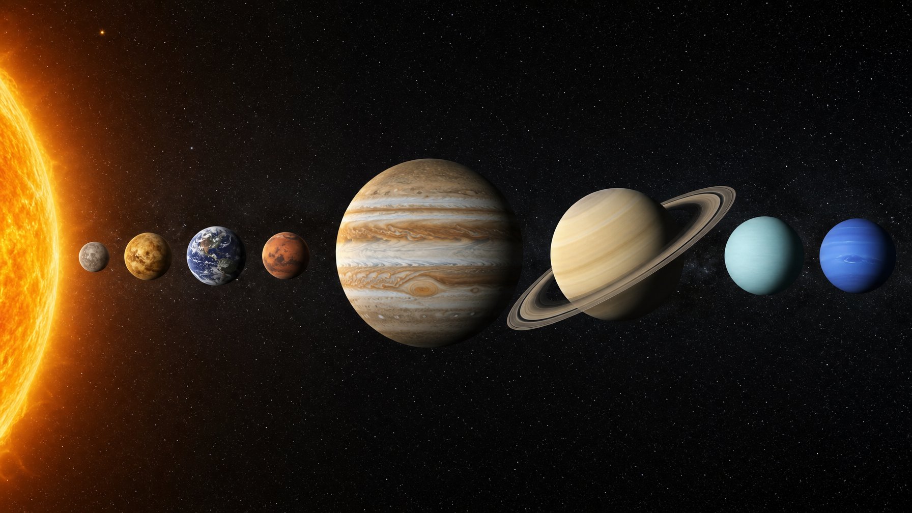 Delapan planet Tata Surya tersusun berdasarkan jaraknya dari Matahari dengan ukuran relatif yang berbeda.