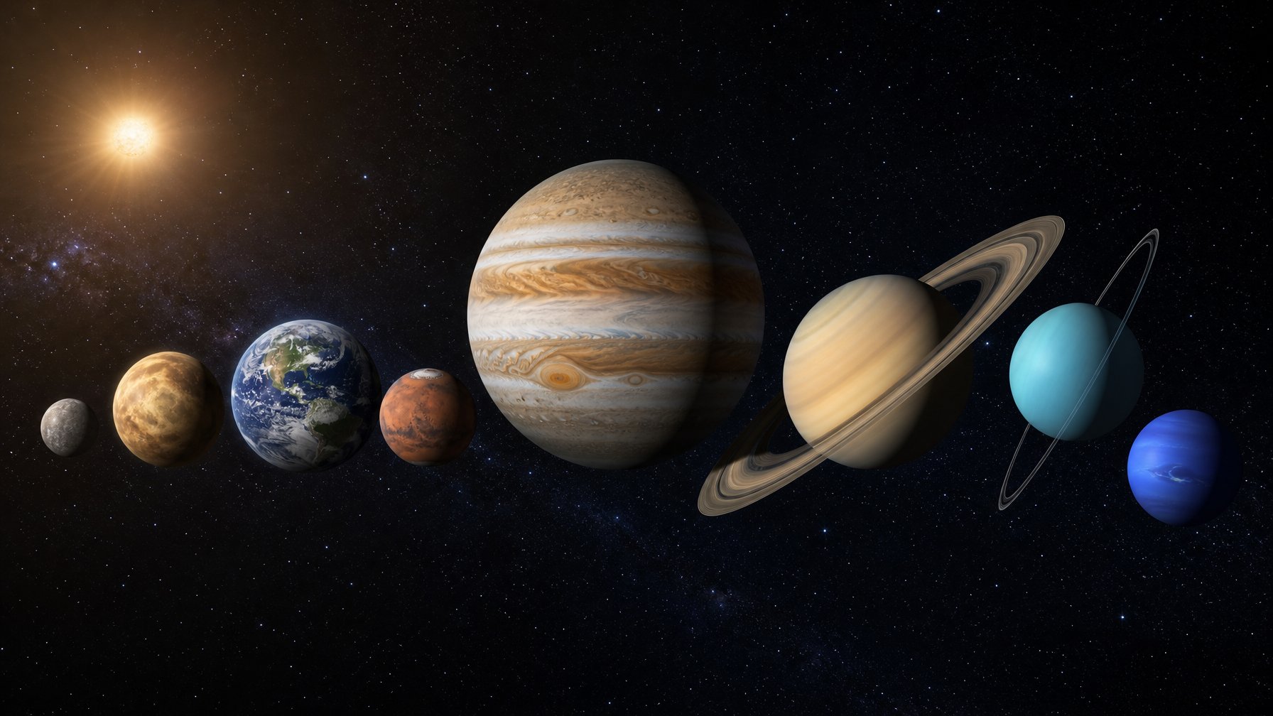 Delapan planet Tata Surya ditampilkan berurutan di ruang angkasa dengan ukuran dan warna yang berbeda.