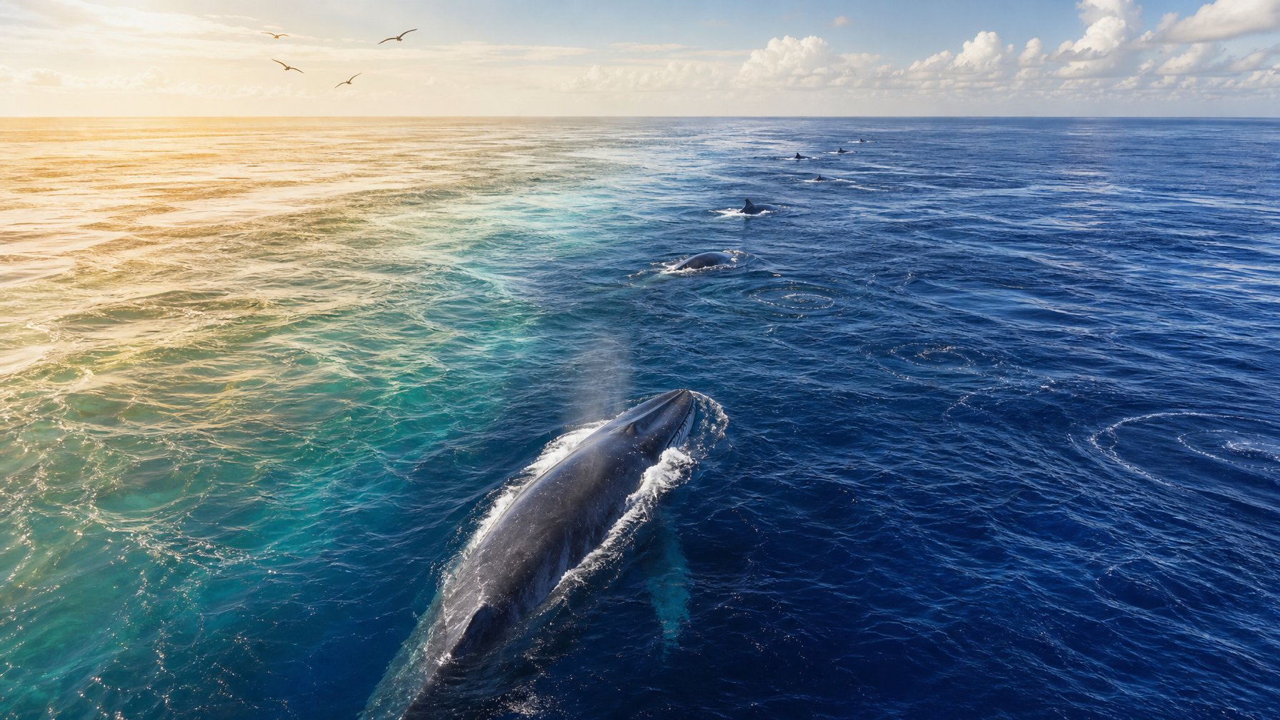 Sekelompok paus biru bergerak melintasi perairan Pasifik dengan warna laut yang menunjukkan perbedaan suhu.