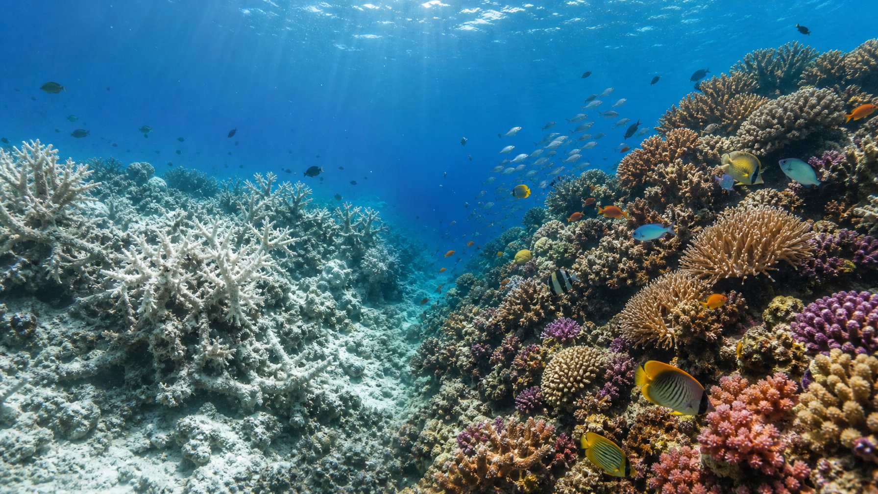 Pemandangan bawah laut yang membandingkan terumbu karang memutih dengan habitat karang sehat yang dihuni lebih banyak jenis ikan.