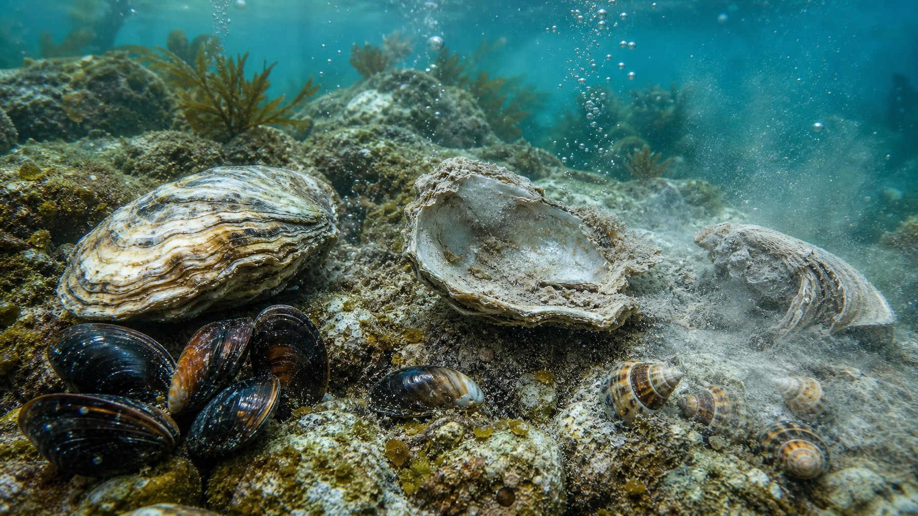 Molluska di dasar laut dengan cangkang sehat dan cangkang yang tipis serta terkikis akibat pengasaman laut.