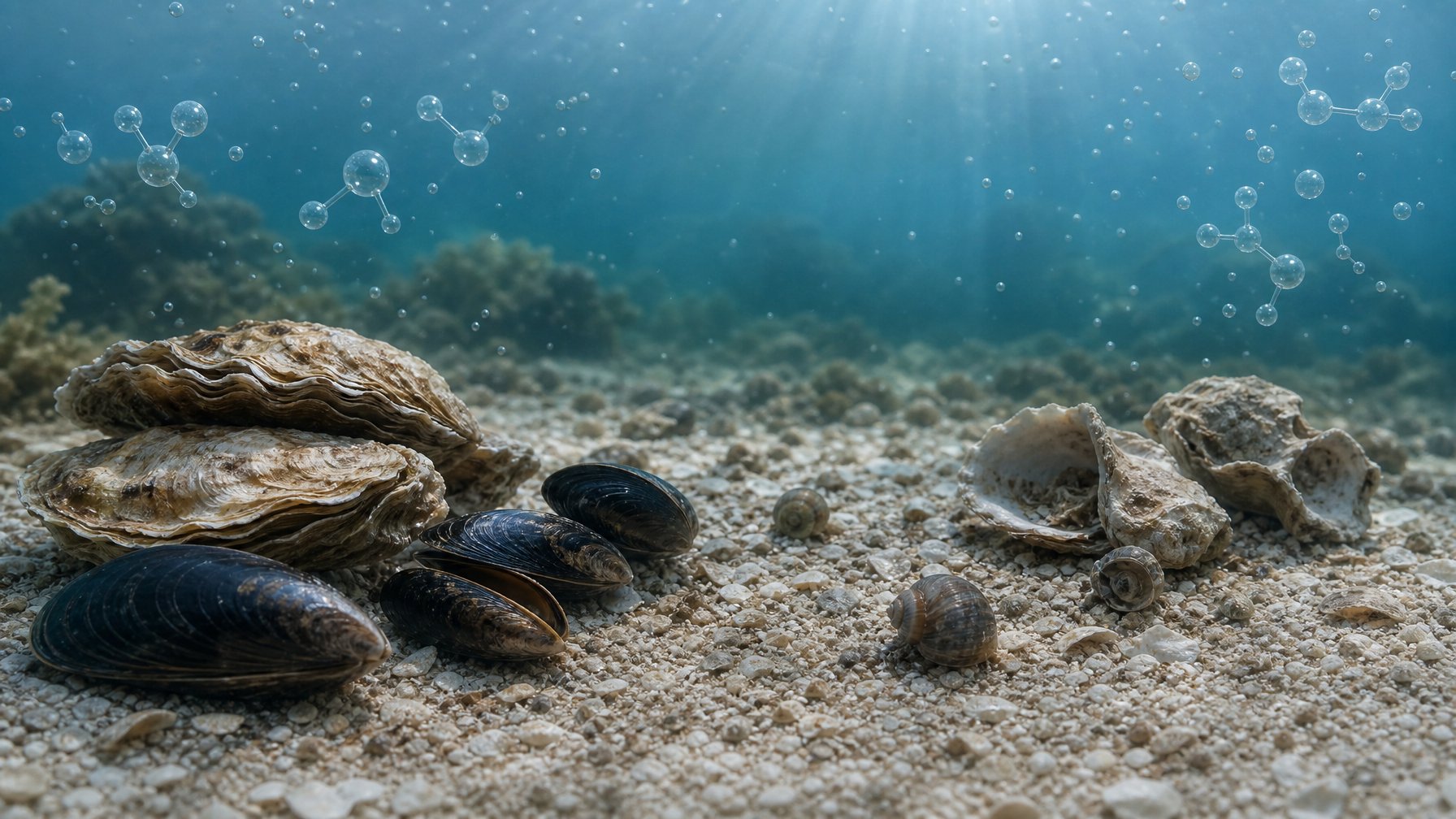 Molluska laut dengan cangkang sehat dan cangkang yang menipis di dasar laut akibat pengasaman laut.