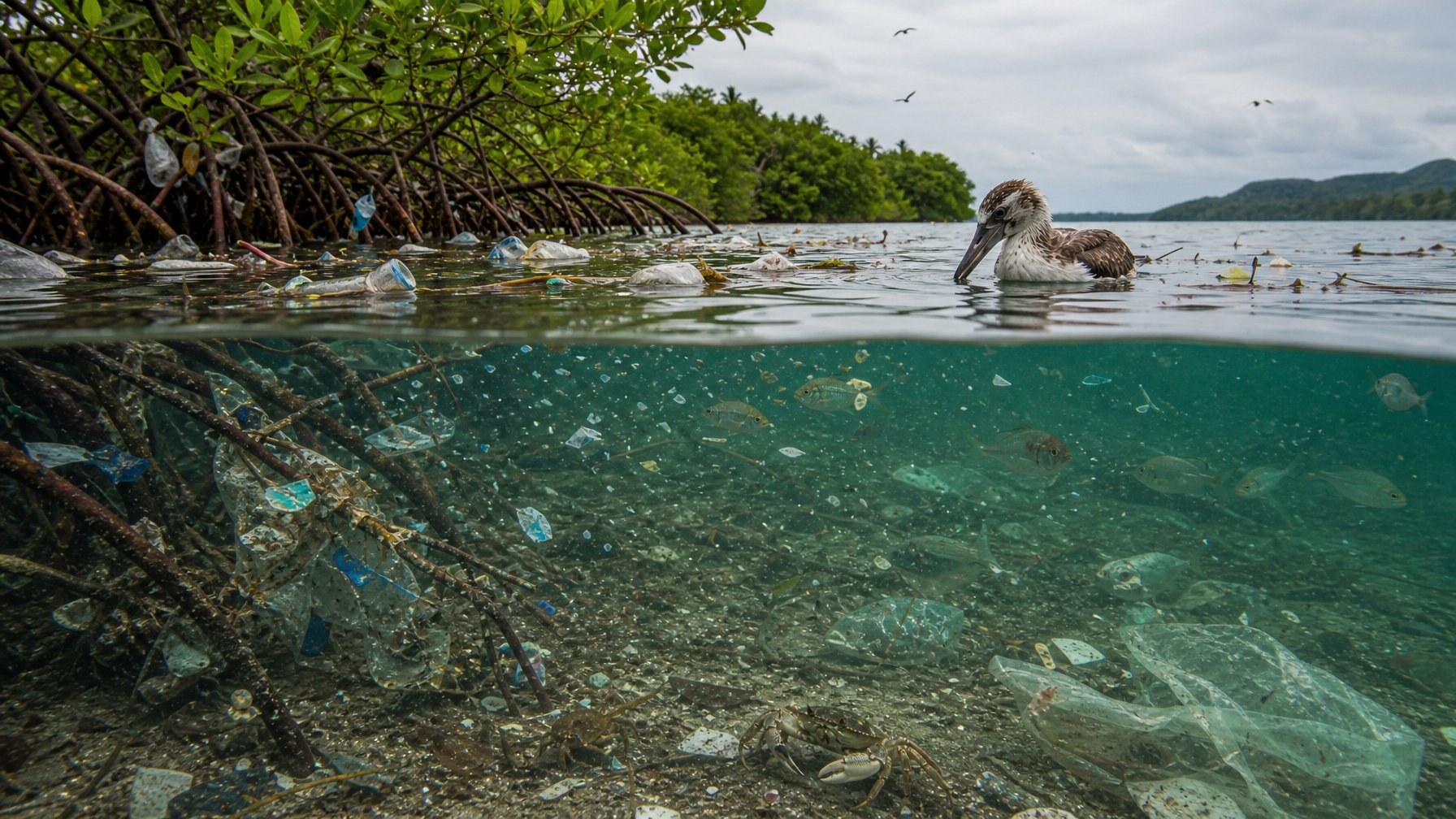 Ekosistem pesisir dengan sampah plastik mencemari mangrove, air laut, dan habitat ikan serta burung.