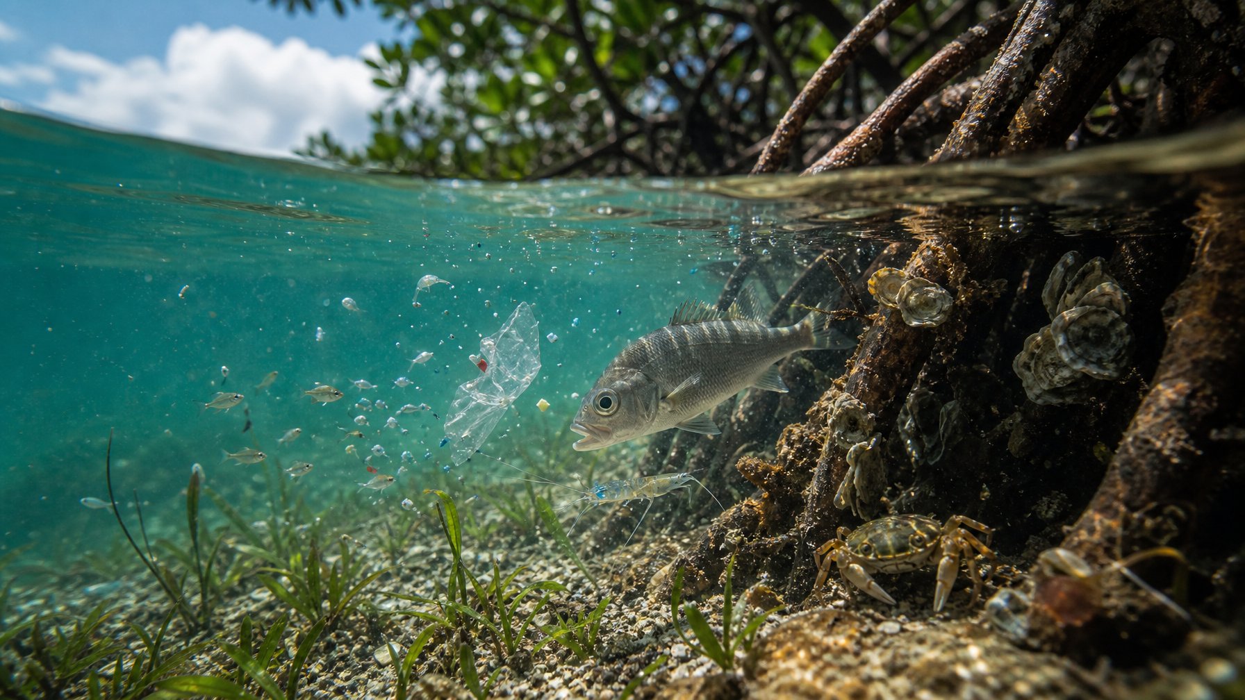 Ekosistem pesisir dengan ikan, kerang, dan organisme kecil yang berinteraksi di antara sampah plastik di perairan dangkal.