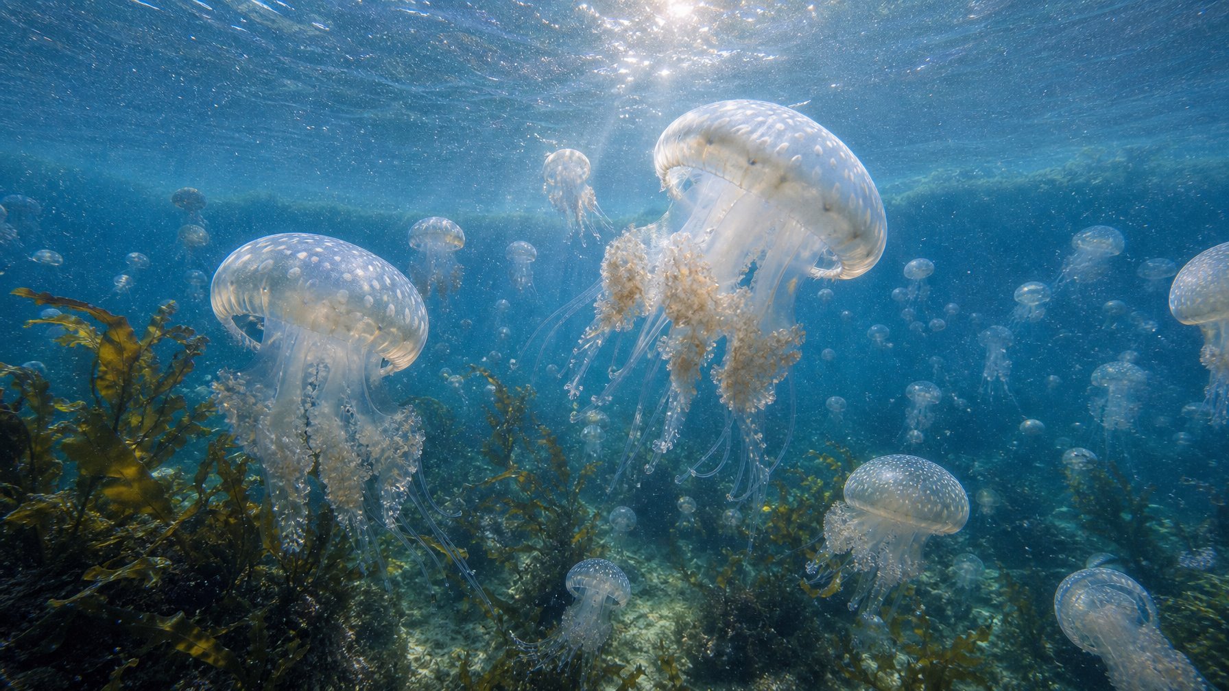 Sekumpulan ubur-ubur transparan mengapung di perairan laut yang hangat dan kaya plankton.